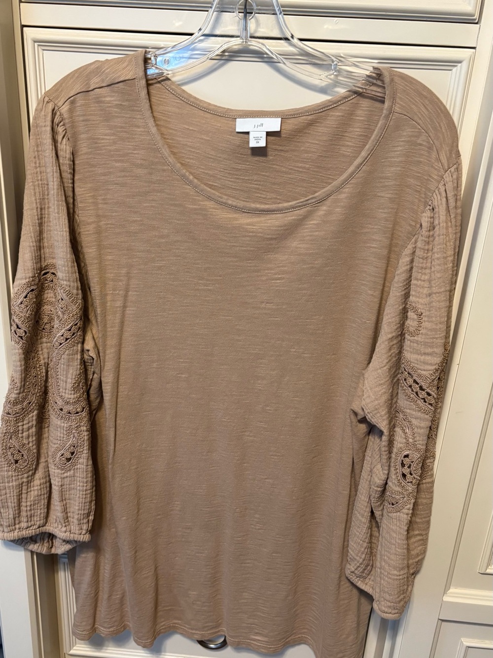 J. Jill Taupe 3/4 Sleeve Crochet-Detail Scoop Neck Top